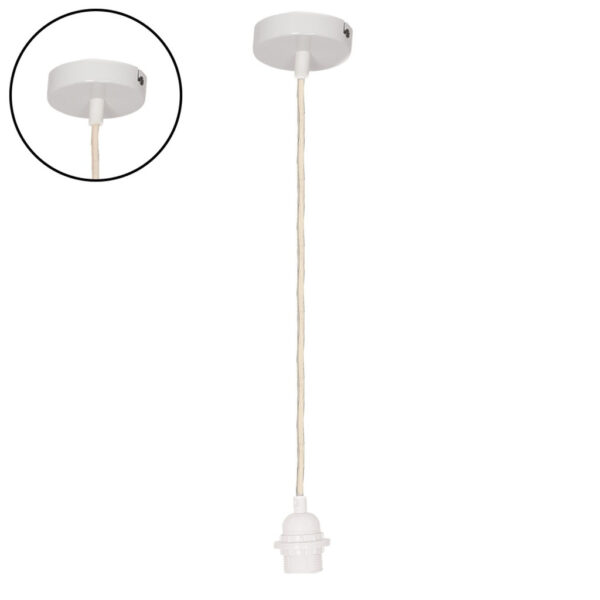 Suspension Douille Blanche 110Cm Cable Tissé Blanc Beige Rosace